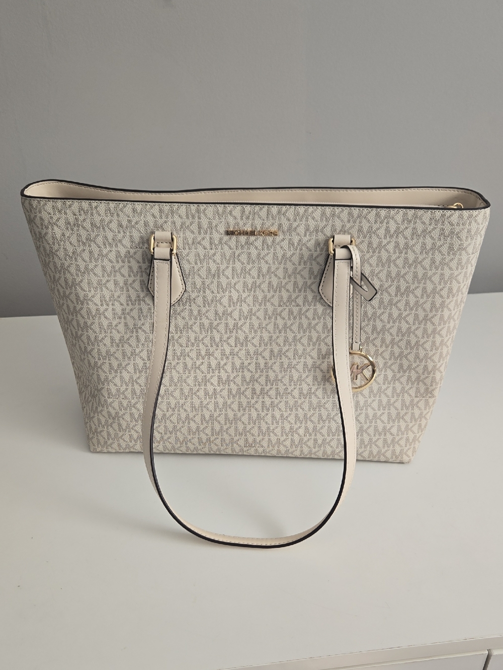 Michael Kors Beige Signature MK Tote with Gold Hardware